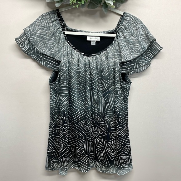 Dressbarn Layered Flutter Sleeve V-Neck Blouse Geometric Print L - Picture 1 of 13